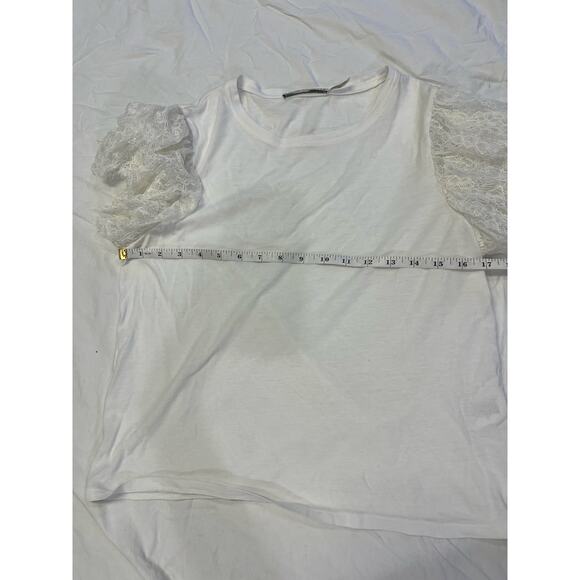 Alice & Olivia White Lace Sleeve Crop Stretchy Romantic Darcelle T-Shirt Medium - Picture 7 of 11